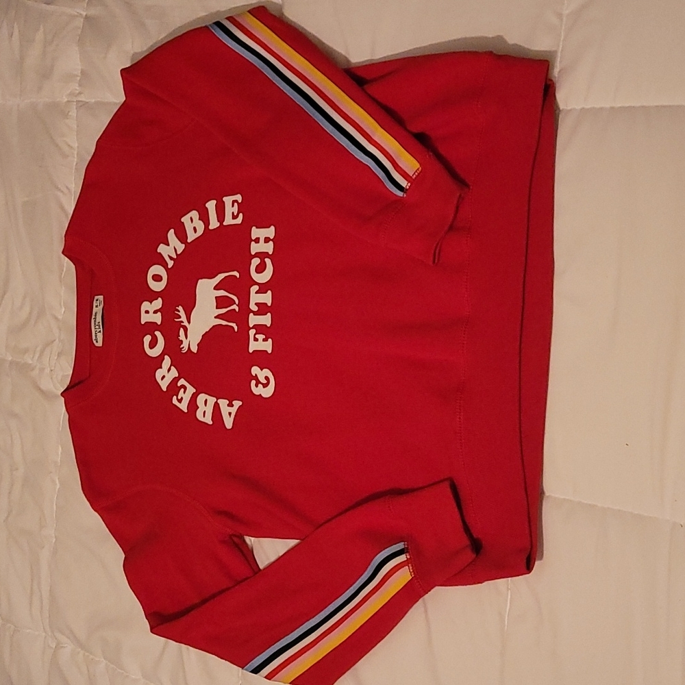 Abercrombie Kids brand red crew neck sweatshirt w/rainbow stripe sleeves